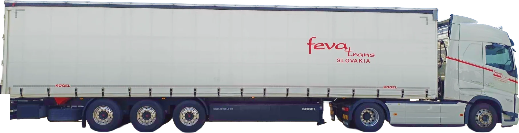 Side view of a Volvo tractor with a curtainsider trailer and load space dimensions