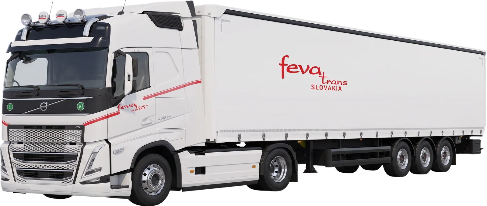 White Volvo tractor with a curtainsider trailer in Fevatrans colours